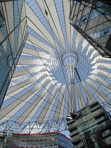 The Sony Centre glass buildings are arranged around a large oval square, the Sony Plaza